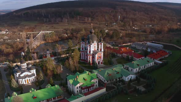 Orbital Aerial Drone View of Curchi Monastery in Orhei Moldova