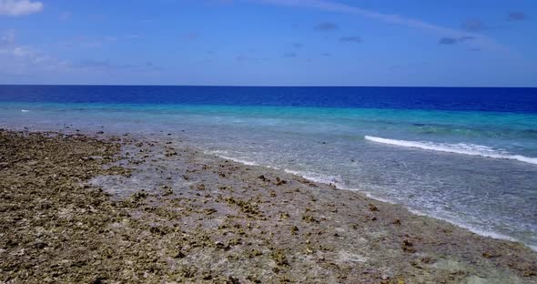 Wide angle birds eye abstract view of a white sandy paradise beach and turquoise sea background in c