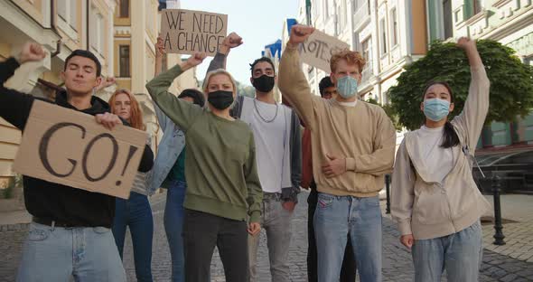 Multiracial Protest Demonstration Protesters Wearing Medical Masks