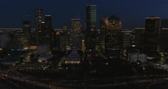 4k aerial view of downtown Houston at night