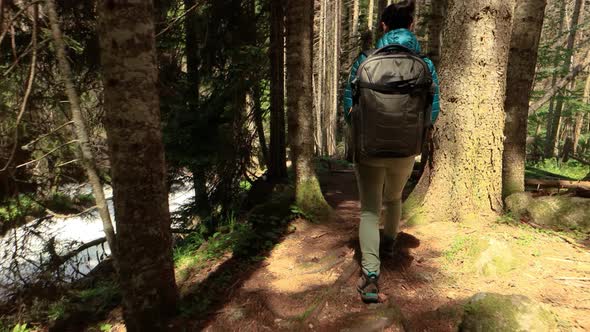 Hiking Woman Walk with a Hiking Backpack in Spring Green Forest