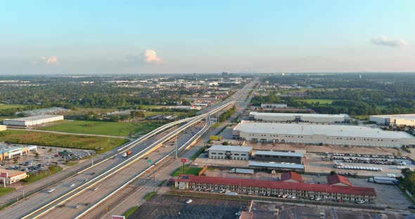 Aerial View 45 Highway Near Suburbs Area Warehouse Interchange Elevated Road Junction of Houston