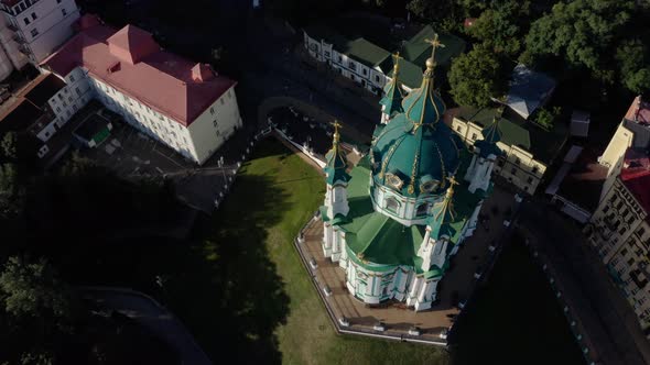 Aerial View of St. Andrews Church, Orthodox Church on Green Hill in the City