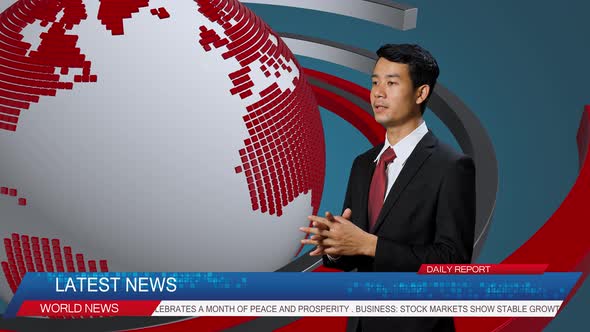 Side View Of Asian Professional Male Anchor Reporting On The Events Of The Day. Television Channel