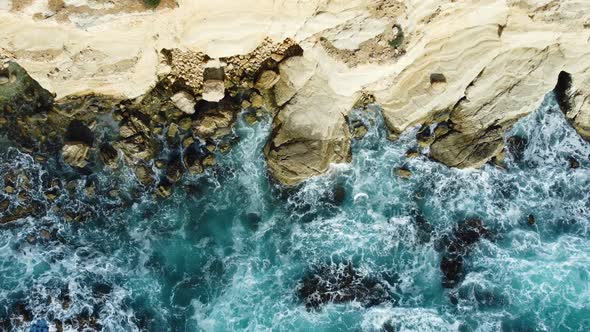 Pure Blue Ocean Water Waves Crash Mountain Beautiful Aerial Top View Landscape Cyprus