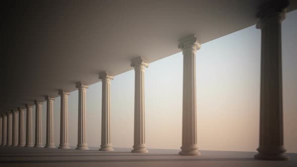Walk with a right-side view of white classical Greek columns. Loopable HD