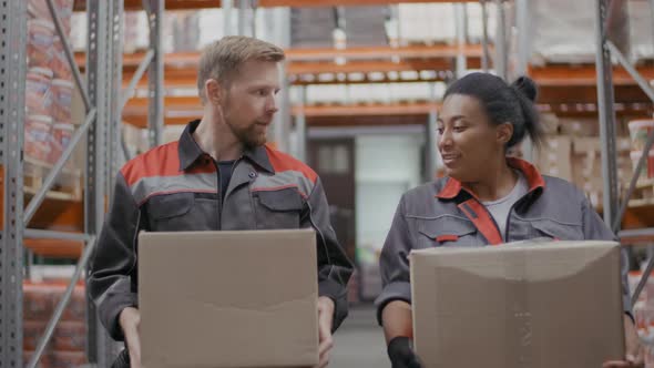 Stockroom Workers With Carton Boxes