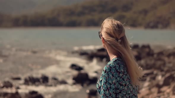 Tourist On Greek Island. Woman Harmony Mediterranean Sea Beach. Weekend Sea Breeze Summertime.