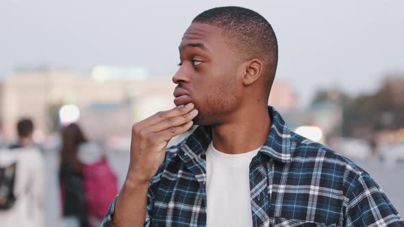 Portrait of Shocked Angry Sad Frustrated African American Man Mixed Race Guy Holding Hand on Face