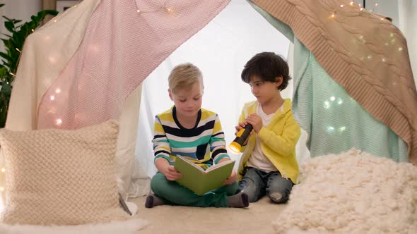 Happy Boys Reading Book in Kids Tent at Home