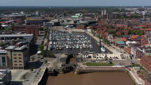 Slow aerial flight towards Hull Marina at medium height