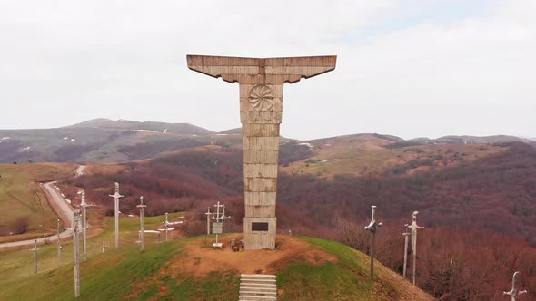 Aerial Rising View Didgori Monument In Georgia