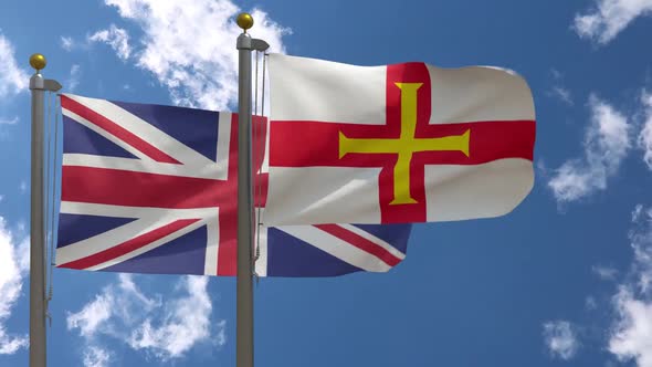 United Kingdom Flag Vs Guernsey City Flag On Flagpole