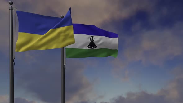 Lesotho Flag Waving Along With The National Flag Of The Ukraine - 4K