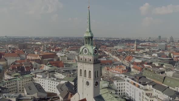 Aerial View of St. Peters Catholic Chuch Clock Tower, Center of Munich, Germany. Religious Landmark