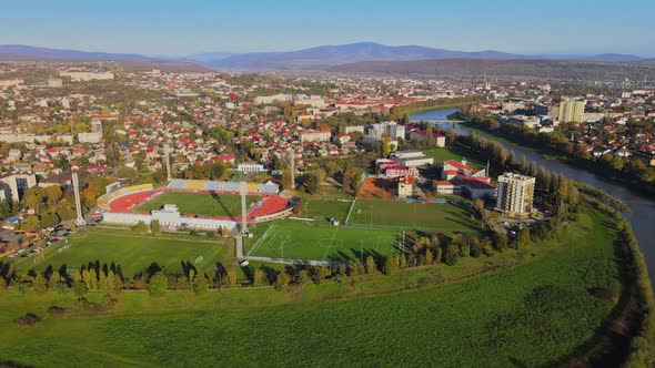 Aerial View of the Avanhard Stadium in Uzhgorod on the Residential Area Zakarpattya