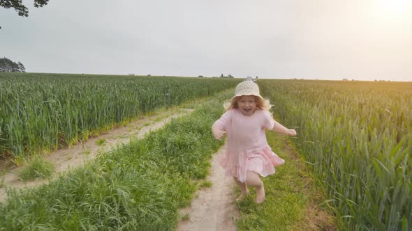 A Little Girl is Running Through a Field of Young Wheat