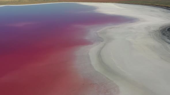 Beautiful top view of the salty, pink lake. Beautiful pink sunrise.