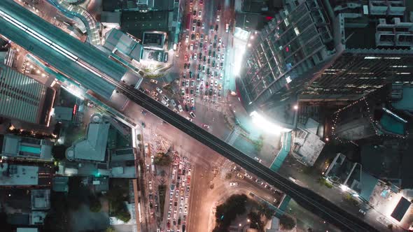 Aerial View of Asoke Intersection and Sky Train Station in Bangkok Thailand