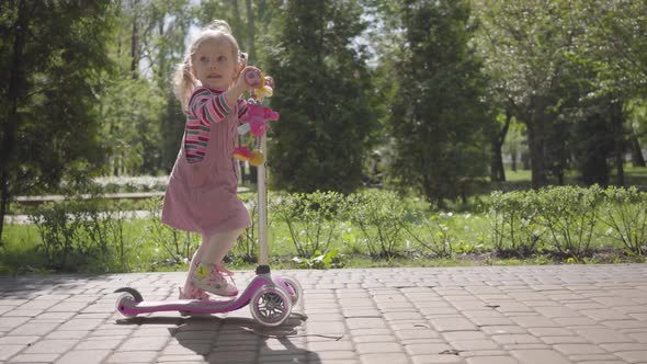 Adorable Little Funny Girl in Pink Dress Riding a Scooter in the Park