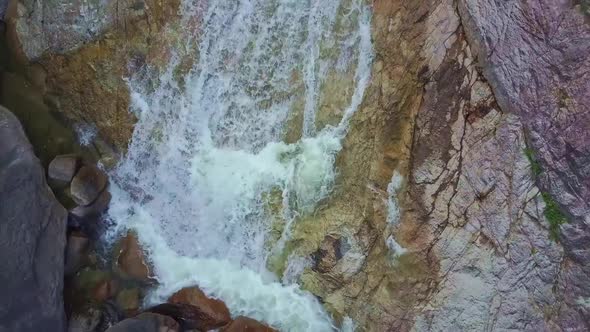 Flycam Shows Mountain River with Waterfalls Cascades