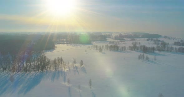 Aerial View of Cold Winter Landscape Arctic Field Trees Covered with Frost Snow Ice River and Sun