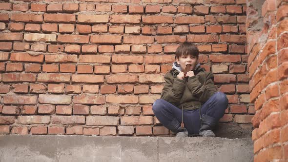 Homeless Boy Sit Eating Food Street Kid Are Hungry Get Some Food By Kind People