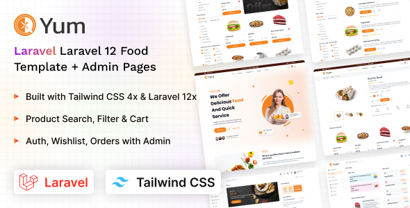 Yum - Tailwind CSS & Laravel 12 Client & Admin Food Template