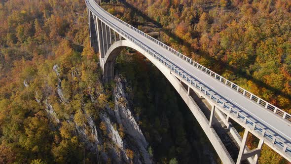 Aerial Video of the Magnificent Djurdjevica Bridge Over the Tara River Canyon in the Northern Part