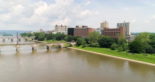 Aerial View Of Harrisburg Pennsylvania Downtown Skyline And Bridges Above Susquehanna River