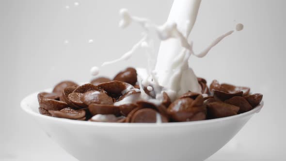 Milk Is Poured To the Bowl with Chocolate Corn Flakes in Slow Motion, Drops of Milk Falling in