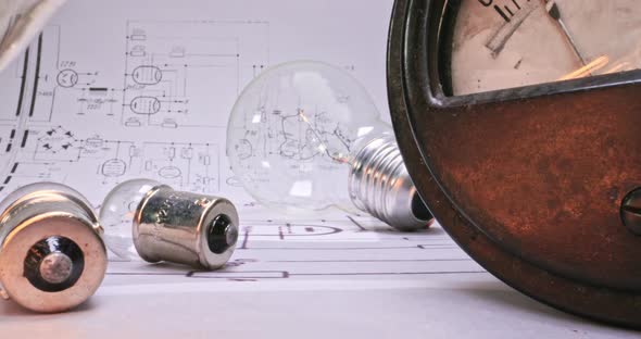 Light bulb, and cables on diagrams. Low voltage edison bulb.