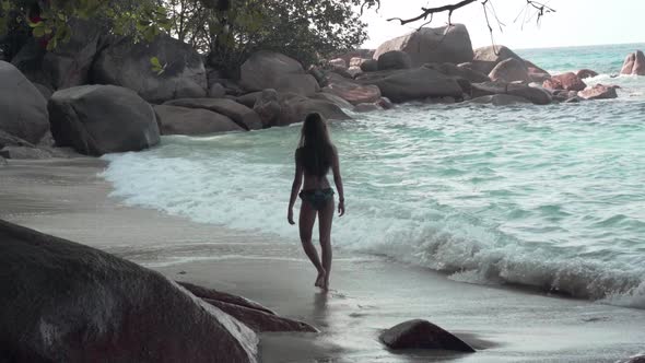  Beautiful Young Girl Walks Along the Rocky Shore of an Exotic Island