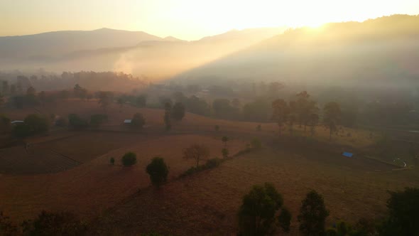 Aerial view from a drone over misty landscape on farmland. 4K