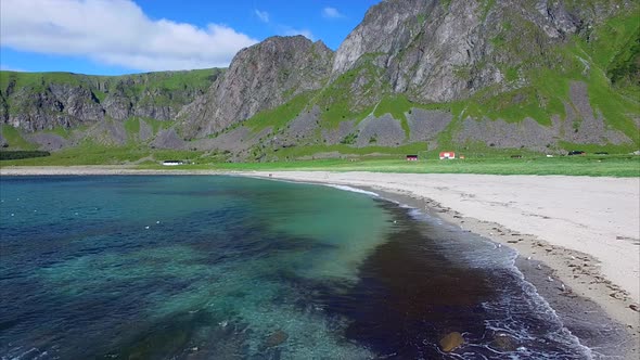 Flying above beach on Lofoten islands, Norway