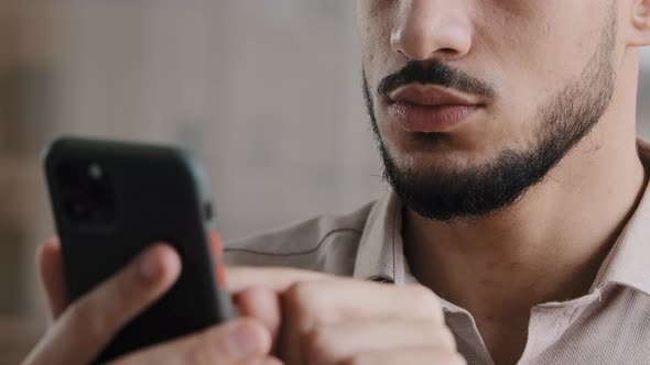 Close Up Male Hands Young Hispanic Arab Man Professional Worker Guy Holding Cellphone Chatting in