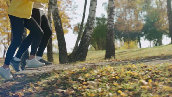 Young Woman and Man Running on the Stairs at the Park in Sunny Autumn Morning