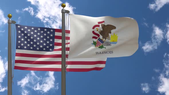 Usa Flag Vs Illinois State Flag  On Flagpole