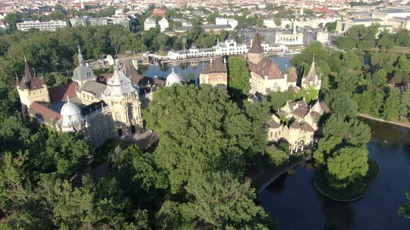 Drone shot of Vajdahunyad castle in Budapest, Hungary