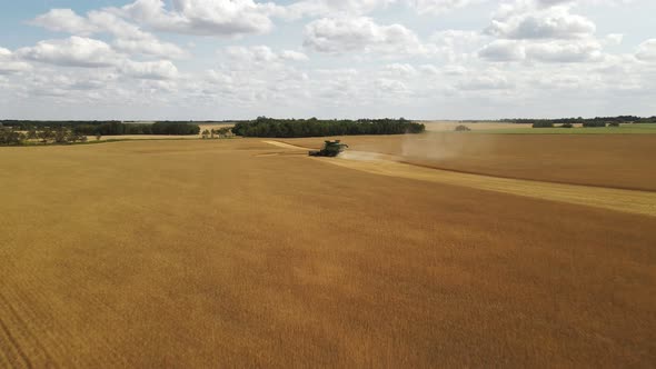 Combine harvester working a large, golden wheat field during the daytime. Aerial flyover