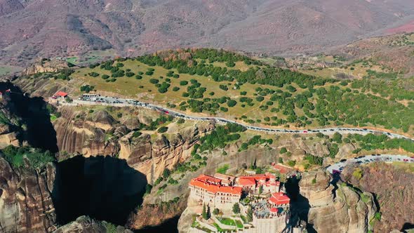 Kalambaka Greece Aerial View of Monastery Varlaam and Breathtaking Pictures of Valley and Landmark