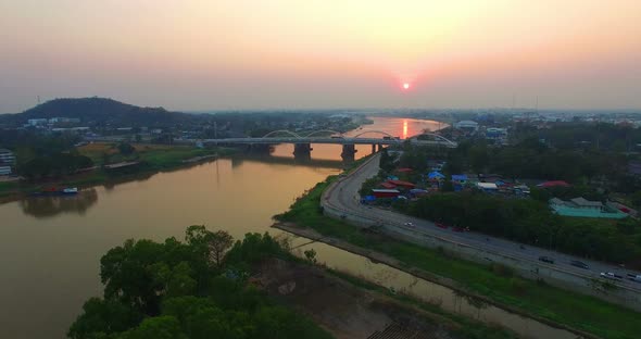 aerial view sunset Above Nakornsawan City