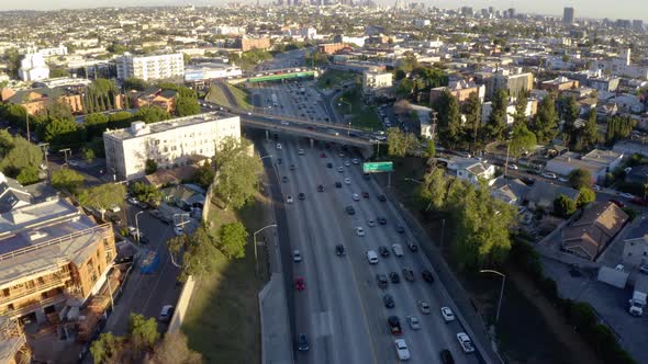 Drone 4k. Skyscrapers and freeways in Los Angeles.