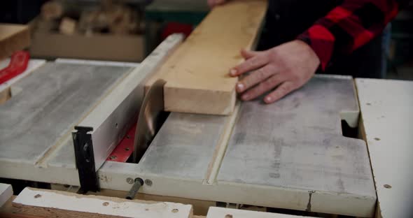 The Master Cuts a Wooden Board with a Circular Saw in the Woodworking Workshop of a Small Furniture