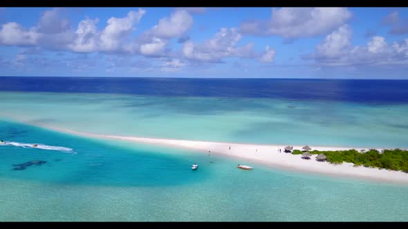 Aerial drone panorama of idyllic sea view beach adventure by transparent sea and clean sand backgrou