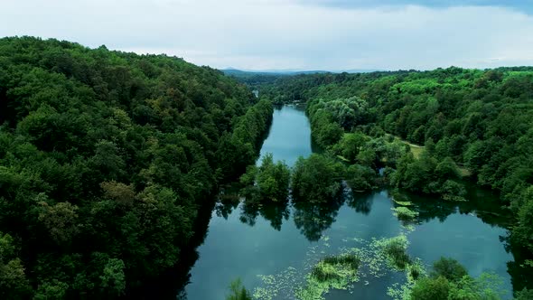 Aerial view of Mreznica river, Karlovac, Croatia.