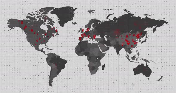 Animation of the world map and countries turning red through circles in a white background