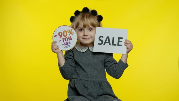 Child Girl in School Uniform Showing Sale Word and Purchase Discount Advertisement Inscription