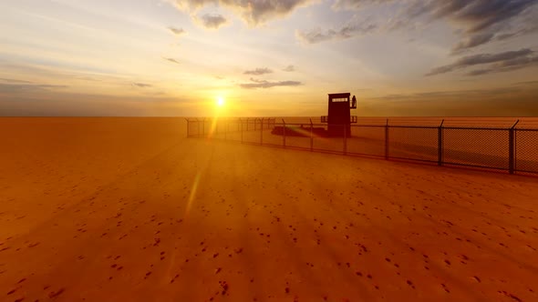 Soldiers Guarding the Watchtower in Military Watchtower and Tank at Sunset