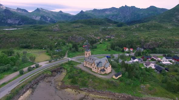 Aerial view of Vagan church on Lofoten islands in Norway